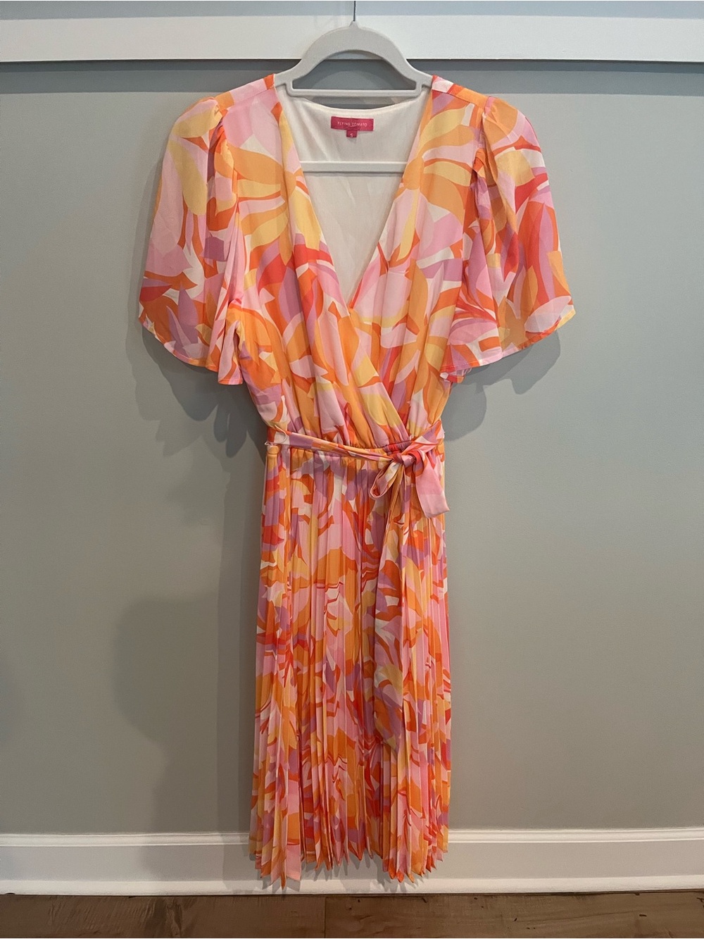 Flying Tomato Floral Abstract Pleated Wrap Midi Dress in Pink & Orange & Yellow